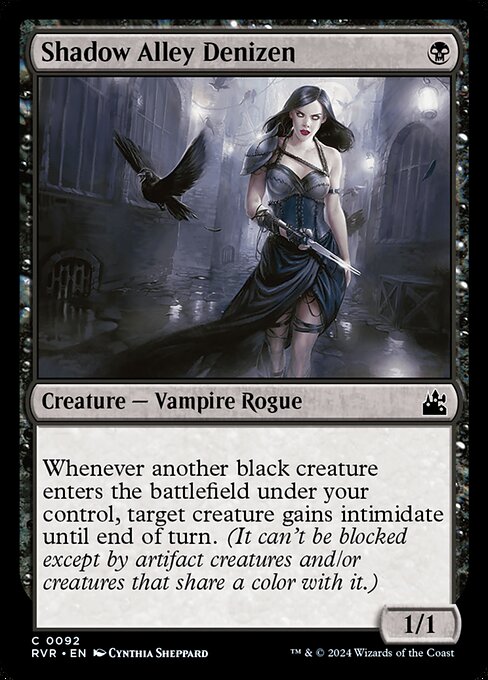 Whenever another black creature enters the battlefield under your control, target creature gains intimidate until end of turn. (It can't be blocked except by artifact creatures and/or creatures that share a color with it.)
