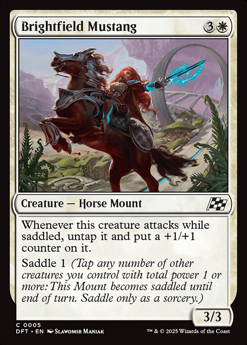 Whenever this creature attacks while saddled, untap it and put a +1/+1 counter on it.
Saddle 1 (Tap any number of other creatures you control with total power 1 or more: This Mount becomes saddled until end of turn. Saddle only as a sorcery.)