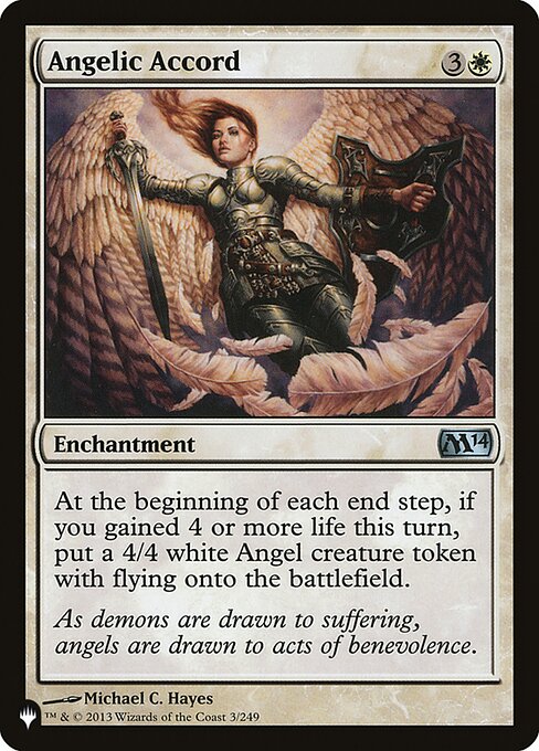 At the beginning of each end step, if you gained 4 or more life this turn, create a 4/4 white Angel creature token with flying.