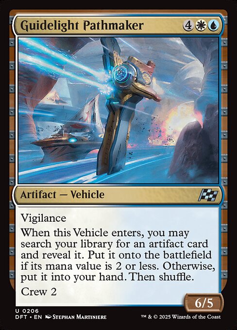 Vigilance
When this Vehicle enters, you may search your library for an artifact card and reveal it. Put it onto the battlefield if its mana value is 2 or less. Otherwise, put it into your hand. Then shuffle.
Crew 2