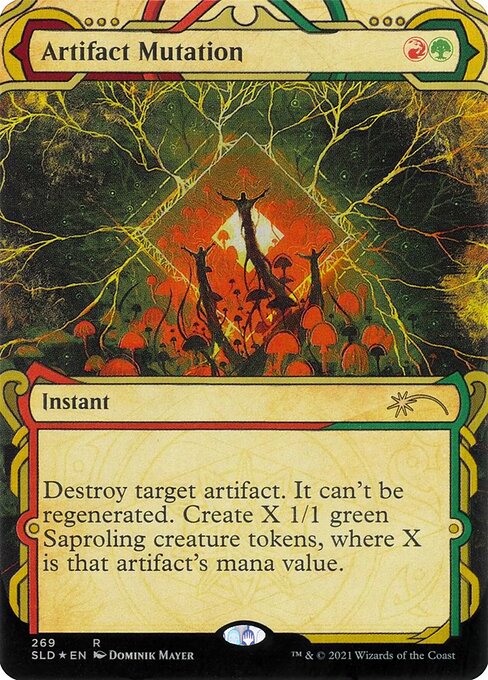 Destroy target artifact. It can't be regenerated. Create X 1/1 green Saproling creature tokens, where X is that artifact's mana value.