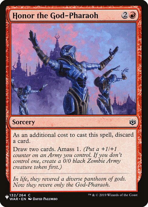 As an additional cost to cast this spell, discard a card.
Draw two cards. Amass Zombies 1. (Put a +1/+1 counter on an Army you control. It's also a Zombie. If you don't control an Army, create a 0/0 black Zombie Army creature token first.)
