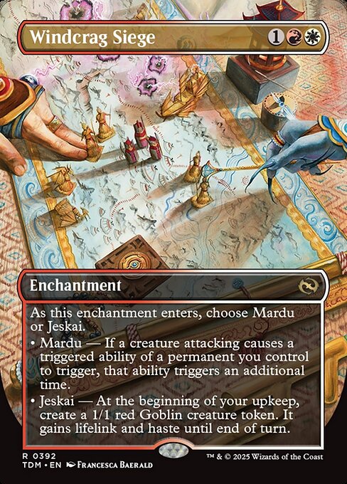 As this enchantment enters, choose Mardu or Jeskai.
• Mardu — If a creature attacking causes a triggered ability of a permanent you control to trigger, that ability triggers an additional time.
• Jeskai — At the beginning of your upkeep, create a 1/1 red Goblin creature token. It gains lifelink and haste until end of turn.