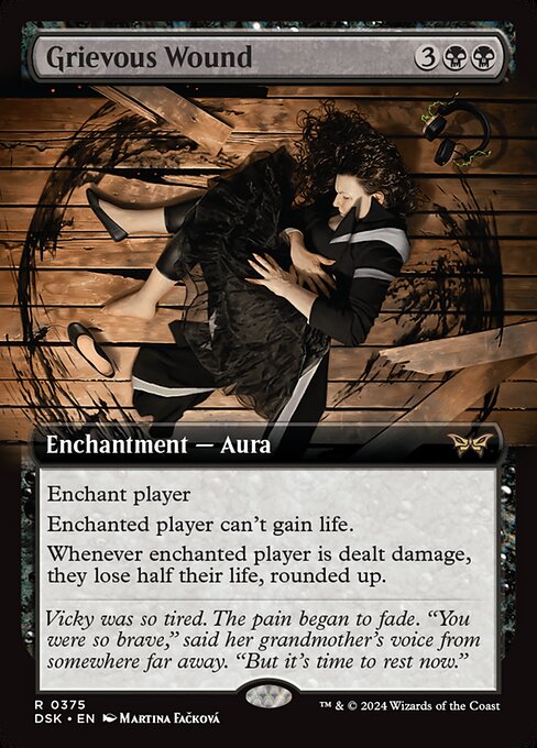 Enchant player
Enchanted player can't gain life.
Whenever enchanted player is dealt damage, they lose half their life, rounded up.