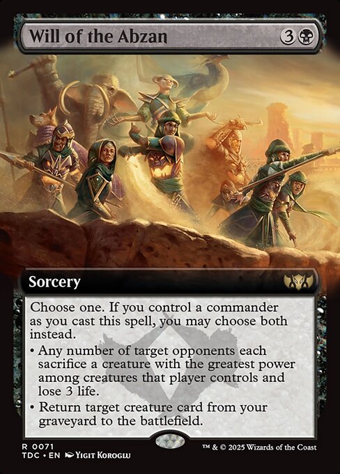 Choose one. If you control a commander as you cast this spell, you may choose both instead.
• Any number of target opponents each sacrifice a creature with the greatest power among creatures that player controls and lose 3 life.
• Return target creature card from your graveyard to the battlefield.