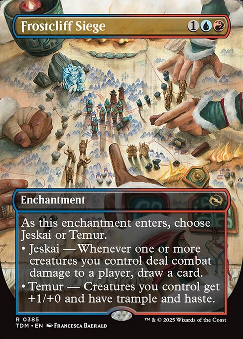 As this enchantment enters, choose Jeskai or Temur.
• Jeskai — Whenever one or more creatures you control deal combat damage to a player, draw a card.
• Temur — Creatures you control get +1/+0 and have trample and haste.