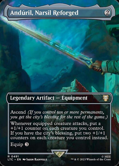 Ascend (If you control ten or more permanents, you get the city's blessing for the rest of the game.)
Whenever equipped creature attacks, put a +1/+1 counter on each creature you control. If you have the city's blessing, put two +1/+1 counters on each creature you control instead.
Equip {3}