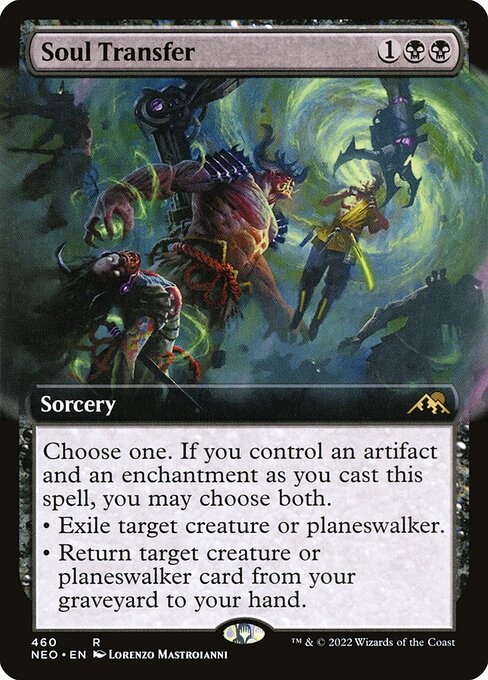 Choose one. If you control an artifact and an enchantment as you cast this spell, you may choose both.
• Exile target creature or planeswalker.
• Return target creature or planeswalker card from your graveyard to your hand.