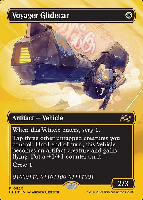 When this Vehicle enters, scry 1.
Tap three other untapped creatures you control: Until end of turn, this Vehicle becomes an artifact creature and gains flying. Put a +1/+1 counter on it.
Crew 1