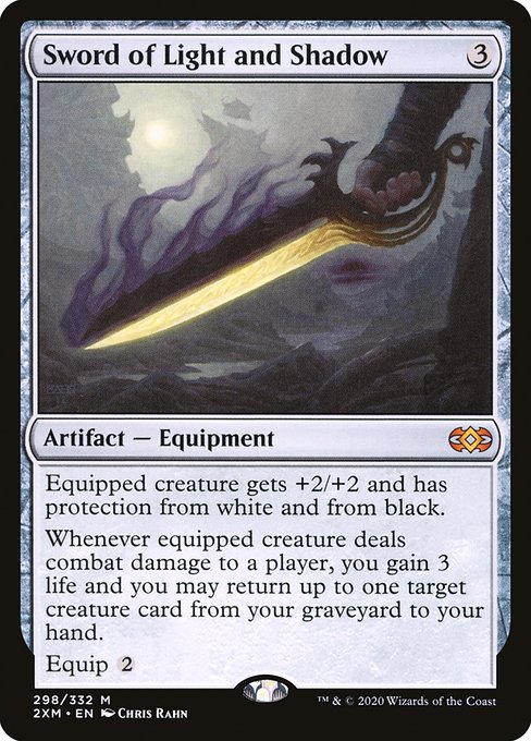 Equipped creature gets +2/+2 and has protection from white and from black.
Whenever equipped creature deals combat damage to a player, you gain 3 life and you may return up to one target creature card from your graveyard to your hand.
Equip {2}