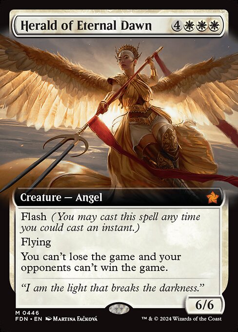Flash (You may cast this spell any time you could cast an instant.)
Flying
You can't lose the game and your opponents can't win the game.