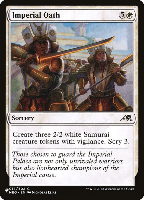 Create three 2/2 white Samurai creature tokens with vigilance. Scry 3.