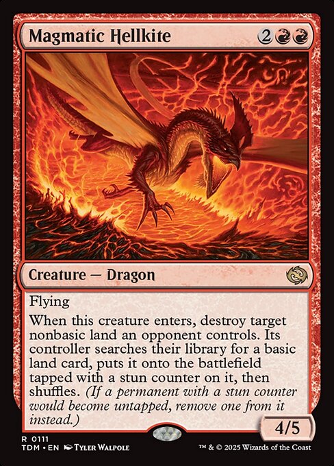 Flying
When this creature enters, destroy target nonbasic land an opponent controls. Its controller searches their library for a basic land card, puts it onto the battlefield tapped with a stun counter on it, then shuffles. (If a permanent with a stun counter would become untapped, remove one from it instead.)