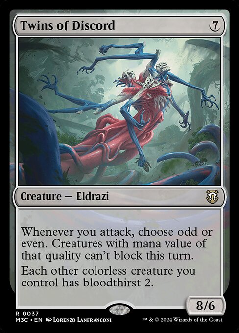 Whenever you attack, choose odd or even. Creatures with mana value of that quality can't block this turn. (Zero is even.)
Each other colorless creature you control has bloodthirst 2. (If an opponent was dealt damage this turn, that creature enters with two additional +1/+1 counters on it.)