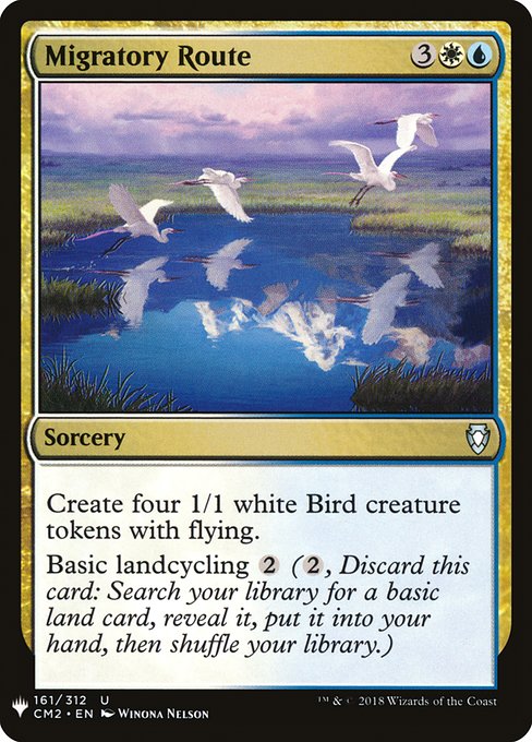 Create four 1/1 white Bird creature tokens with flying.
Basic landcycling {2} ({2}, Discard this card: Search your library for a basic land card, reveal it, put it into your hand, then shuffle.)