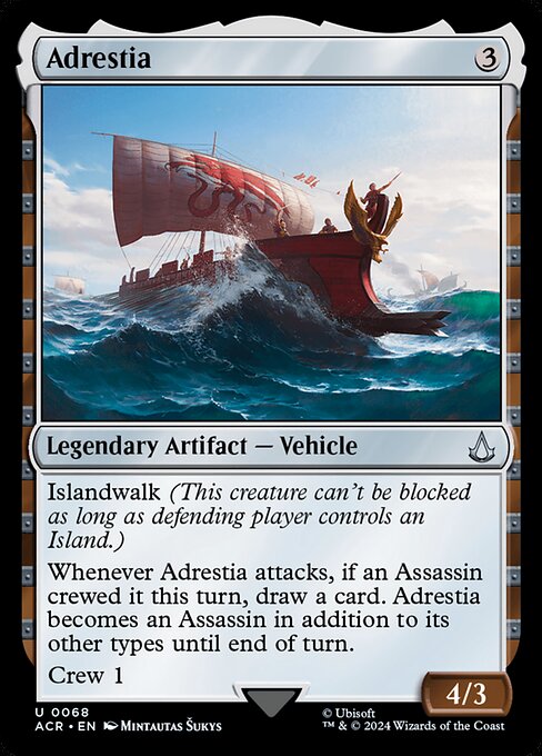 Islandwalk (This creature can't be blocked as long as defending player controls an Island.)
Whenever Adrestia attacks, if an Assassin crewed it this turn, draw a card. Adrestia becomes an Assassin in addition to its other types until end of turn.
Crew 1