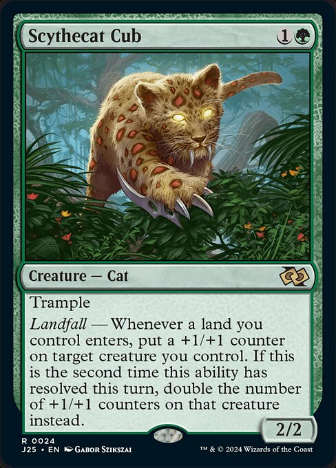 Trample
Landfall — Whenever a land you control enters, put a +1/+1 counter on target creature you control. If this is the second time this ability has resolved this turn, double the number of +1/+1 counters on that creature instead.