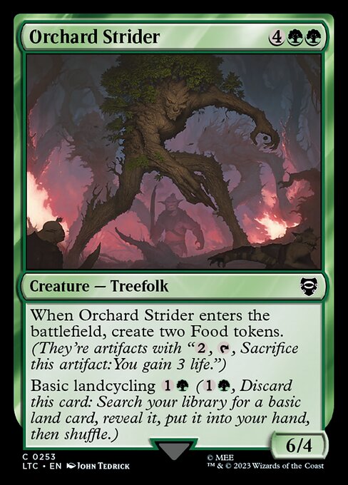 When Orchard Strider enters the battlefield, create two Food tokens. (They're artifacts with "{2}, {T}, Sacrifice this artifact: You gain 3 life.")
Basic landcycling {1}{G} ({1}{G}, Discard this card: Search your library for a basic land card, reveal it, put it into your hand, then shuffle.)