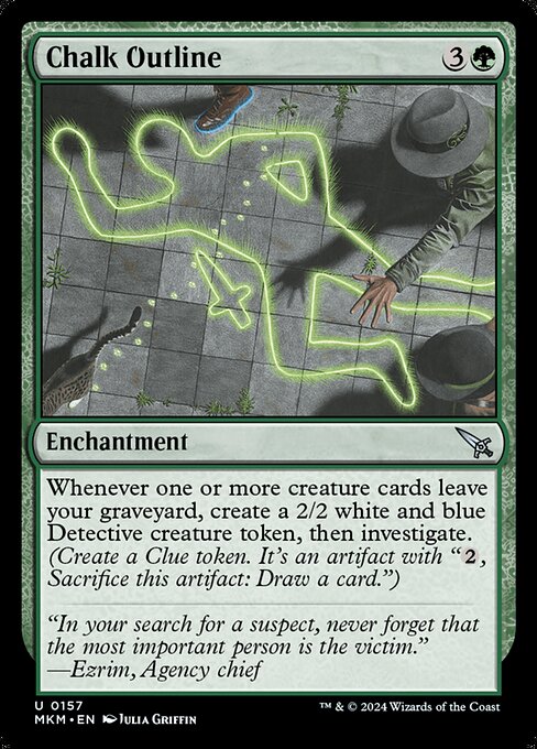 Whenever one or more creature cards leave your graveyard, create a 2/2 white and blue Detective creature token, then investigate. (Create a Clue token. It's an artifact with "{2}, Sacrifice this artifact: Draw a card.")