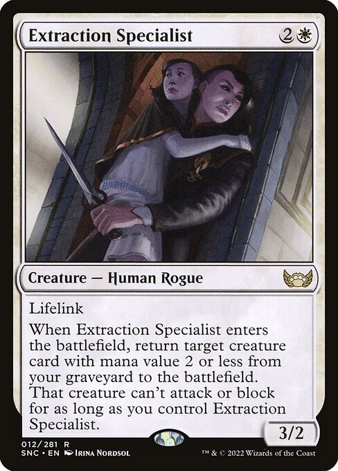 Lifelink
When Extraction Specialist enters the battlefield, return target creature card with mana value 2 or less from your graveyard to the battlefield. That creature can't attack or block for as long as you control Extraction Specialist.
