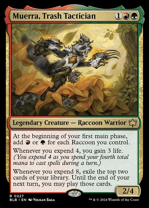 At the beginning of your first main phase, add {R} or {G} for each Raccoon you control.
Whenever you expend 4, you gain 3 life. (You expend 4 as you spend your fourth total mana to cast spells during a turn.)
Whenever you expend 8, exile the top two cards of your library. Until the end of your next turn, you may play those cards.