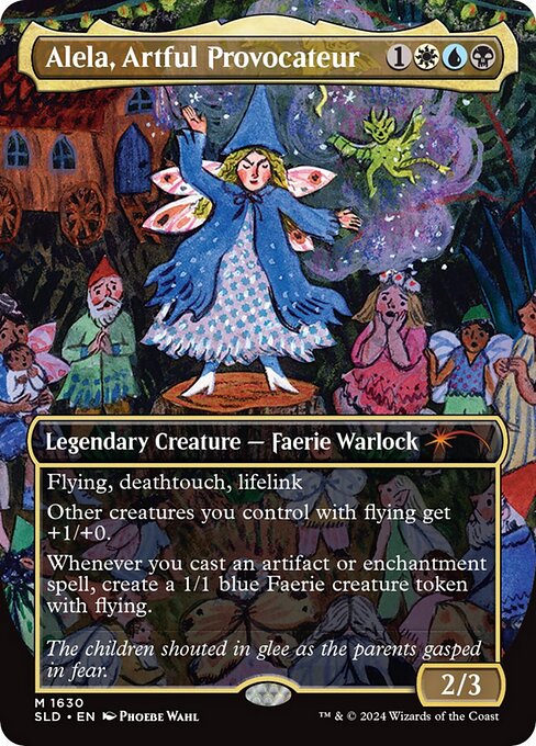 Flying, deathtouch, lifelink
Other creatures you control with flying get +1/+0.
Whenever you cast an artifact or enchantment spell, create a 1/1 blue Faerie creature token with flying.