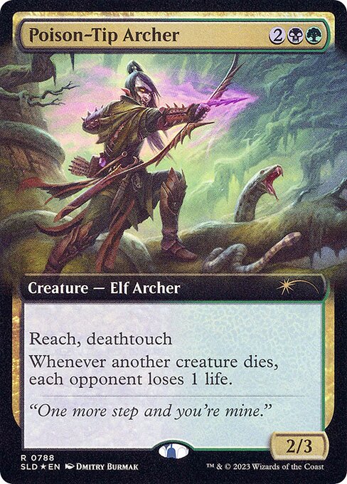 Reach (This creature can block creatures with flying.)
Deathtouch (Any amount of damage this deals to a creature is enough to destroy it.)
Whenever another creature dies, each opponent loses 1 life.