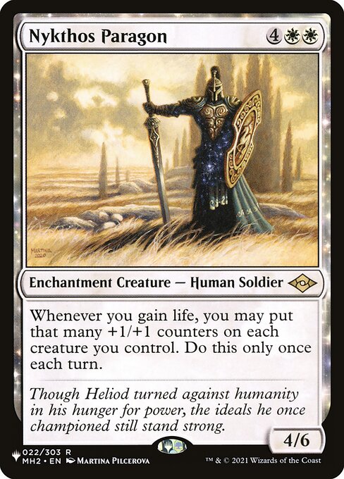 Whenever you gain life, you may put that many +1/+1 counters on each creature you control. Do this only once each turn.