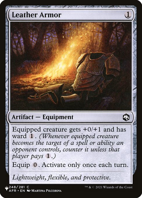 Equipped creature gets +0/+1 and has ward {1}. (Whenever equipped creature becomes the target of a spell or ability an opponent controls, counter it unless that player pays {1}.)
Equip {0}. Activate only once each turn.