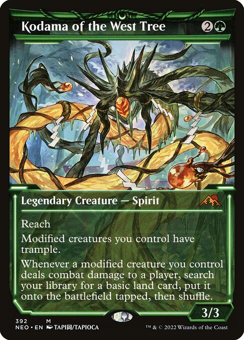 Reach
Modified creatures you control have trample. (Equipment, Auras you control, and counters are modifications.)
Whenever a modified creature you control deals combat damage to a player, search your library for a basic land card, put it onto the battlefield tapped, then shuffle.