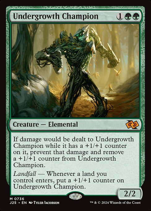 If damage would be dealt to Undergrowth Champion while it has a +1/+1 counter on it, prevent that damage and remove a +1/+1 counter from Undergrowth Champion.
Landfall — Whenever a land you control enters, put a +1/+1 counter on Undergrowth Champion.