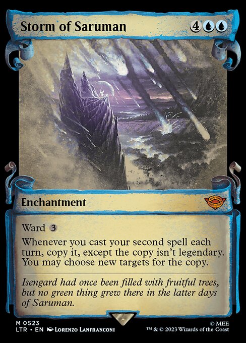 Ward {3}
Whenever you cast your second spell each turn, copy it, except the copy isn't legendary. You may choose new targets for the copy. (A copy of a permanent spell becomes a token.)
