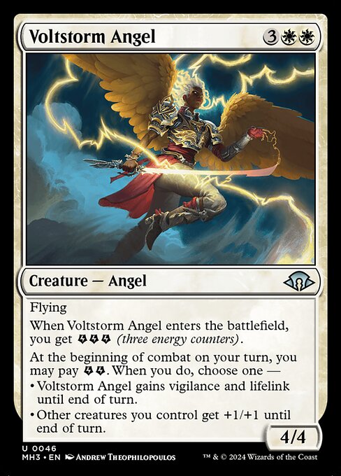 Flying
When Voltstorm Angel enters the battlefield, you get {E}{E}{E} (three energy counters).
At the beginning of combat on your turn, you may pay {E}{E}. When you do, choose one —
• Voltstorm Angel gains vigilance and lifelink until end of turn.
• Other creatures you control get +1/+1 until end of turn.