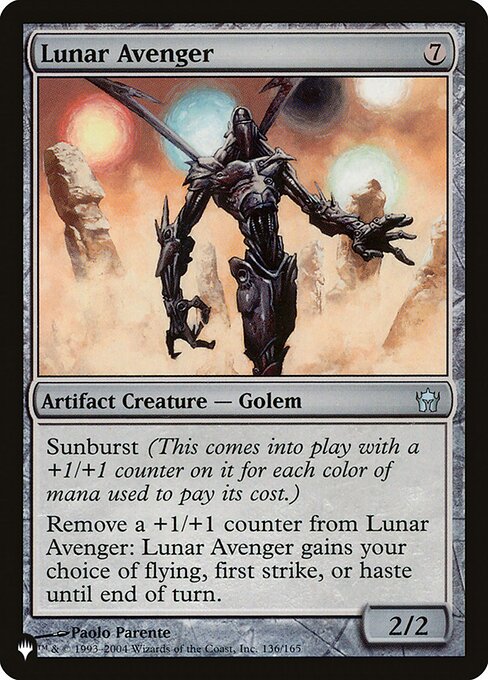 Sunburst (This enters the battlefield with a +1/+1 counter on it for each color of mana spent to cast it.)
Remove a +1/+1 counter from Lunar Avenger: Lunar Avenger gains your choice of flying, first strike, or haste until end of turn.