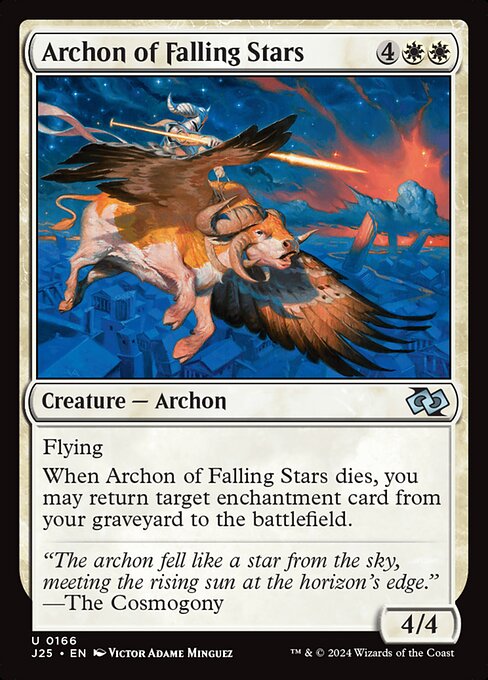 Flying
When Archon of Falling Stars dies, you may return target enchantment card from your graveyard to the battlefield.