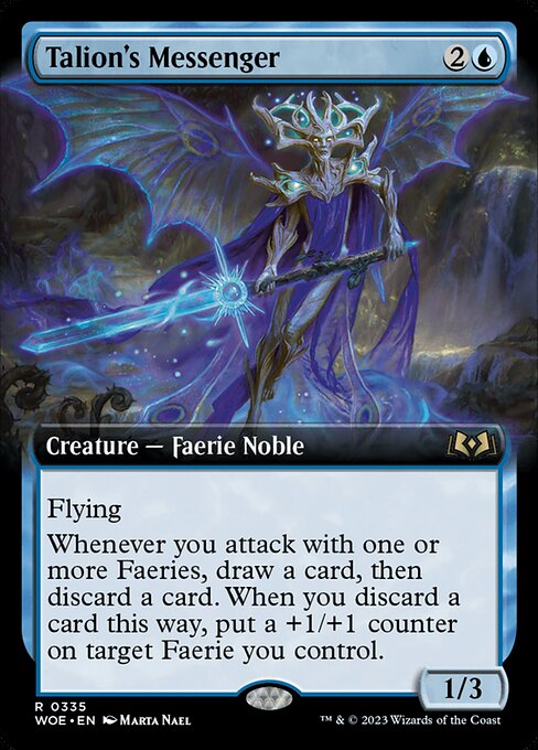 Flying
Whenever you attack with one or more Faeries, draw a card, then discard a card. When you discard a card this way, put a +1/+1 counter on target Faerie you control.
