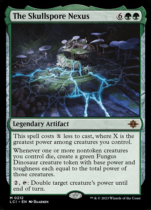 This spell costs {X} less to cast, where X is the greatest power among creatures you control.
Whenever one or more nontoken creatures you control die, create a green Fungus Dinosaur creature token with base power and toughness each equal to the total power of those creatures.
{2}, {T}: Double target creature's power until end of turn.