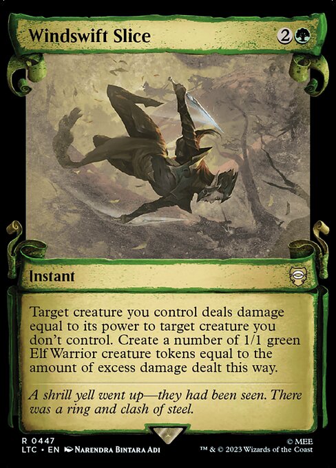 Target creature you control deals damage equal to its power to target creature you don't control. Create a number of 1/1 green Elf Warrior creature tokens equal to the amount of excess damage dealt this way.