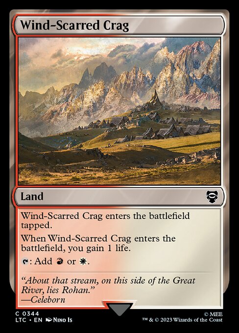 Wind-Scarred Crag enters the battlefield tapped.
When Wind-Scarred Crag enters the battlefield, you gain 1 life.
{T}: Add {R} or {W}.