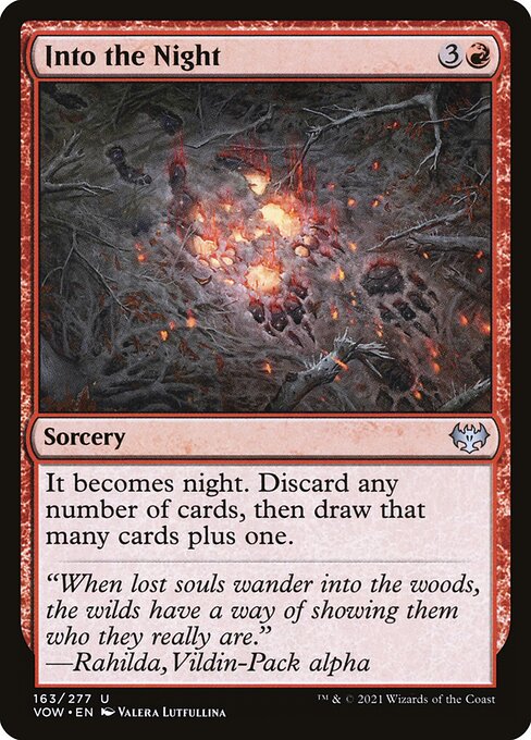 It becomes night. Discard any number of cards, then draw that many cards plus one.