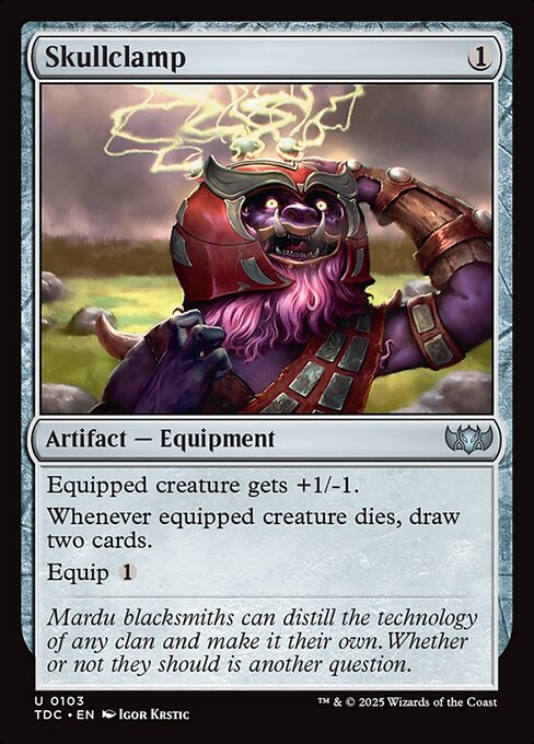 Equipped creature gets +1/-1.
Whenever equipped creature dies, draw two cards.
Equip {1}