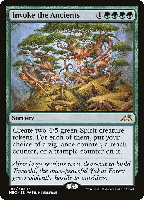 Create two 4/5 green Spirit creature tokens. For each of them, put your choice of a vigilance counter, a reach counter, or a trample counter on it.