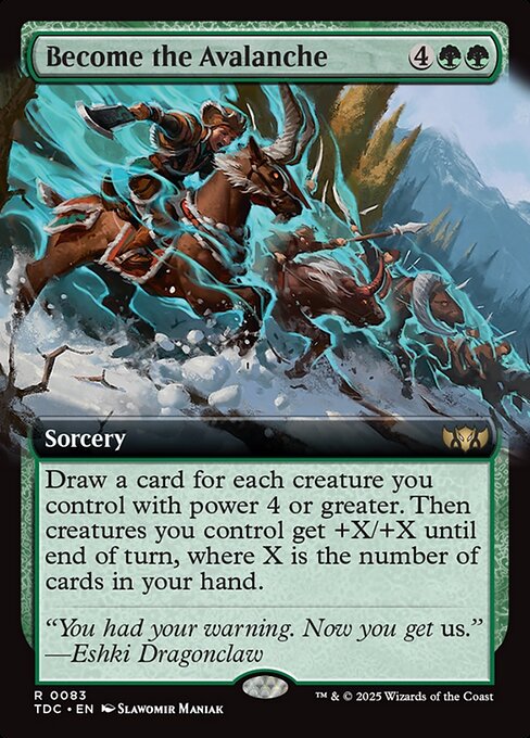 Draw a card for each creature you control with power 4 or greater. Then creatures you control get +X/+X until end of turn, where X is the number of cards in your hand.
