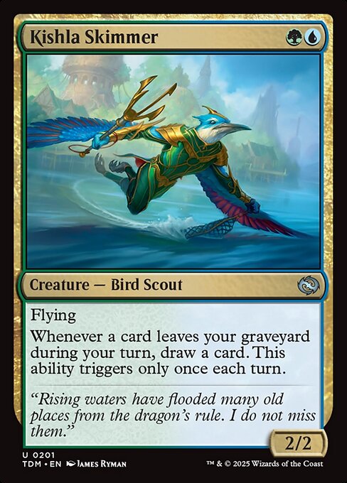 Flying
Whenever a card leaves your graveyard during your turn, draw a card. This ability triggers only once each turn.