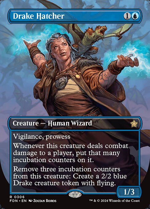 Vigilance, prowess (Whenever you cast a noncreature spell, this creature gets +1/+1 until end of turn.)
Whenever this creature deals combat damage to a player, put that many incubation counters on it.
Remove three incubation counters from this creature: Create a 2/2 blue Drake creature token with flying.