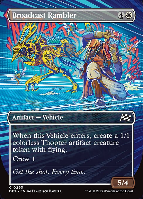 When this Vehicle enters, create a 1/1 colorless Thopter artifact creature token with flying.
Crew 1 (Tap any number of creatures you control with total power 1 or more: This Vehicle becomes an artifact creature until end of turn.)