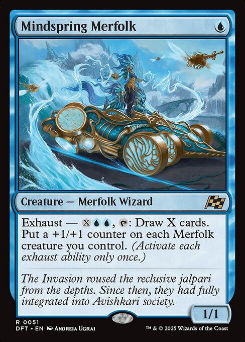 Exhaust — {X}{U}{U}, {T}: Draw X cards. Put a +1/+1 counter on each Merfolk creature you control. (Activate each exhaust ability only once.)