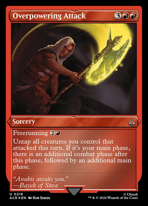 Freerunning {2}{R} (You may cast this spell for its freerunning cost if you dealt combat damage to a player this turn with an Assassin or commander.)
Untap all creatures you control that attacked this turn. If it's your main phase, there is an additional combat phase after this phase, followed by an additional main phase.