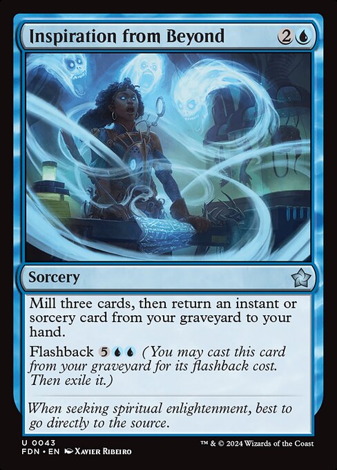 Mill three cards, then return an instant or sorcery card from your graveyard to your hand.
Flashback {5}{U}{U} (You may cast this card from your graveyard for its flashback cost. Then exile it.)