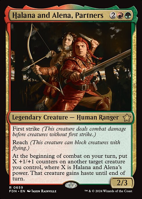 First strike (This creature deals combat damage before creatures without first strike.)
Reach (This creature can block creatures with flying.)
At the beginning of combat on your turn, put X +1/+1 counters on another target creature you control, where X is Halana and Alena's power. That creature gains haste until end of turn.